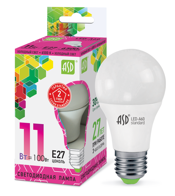 Лампа сд LED-A60-std 11Вт 230В Е27 6500К 990Лм ASD