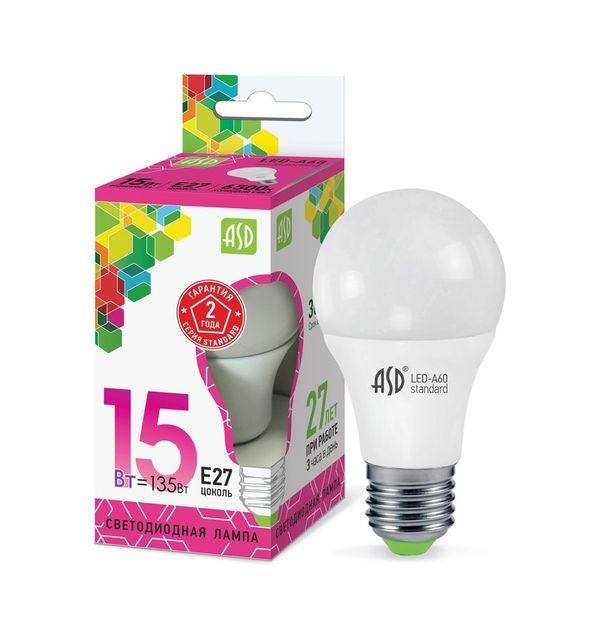 Лампа сд LED-A60-std 15Вт 230В Е27 6500К 1350Лм ASD