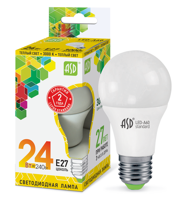 Лампа сд LED-A65-std 24Вт 230В Е27 3000К 2160Лм ASD