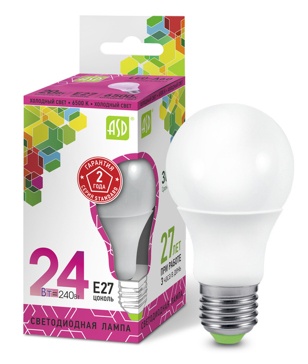 Лампа сд LED-A65-std 24Вт 230В Е27 6500К 2160Лм ASD
