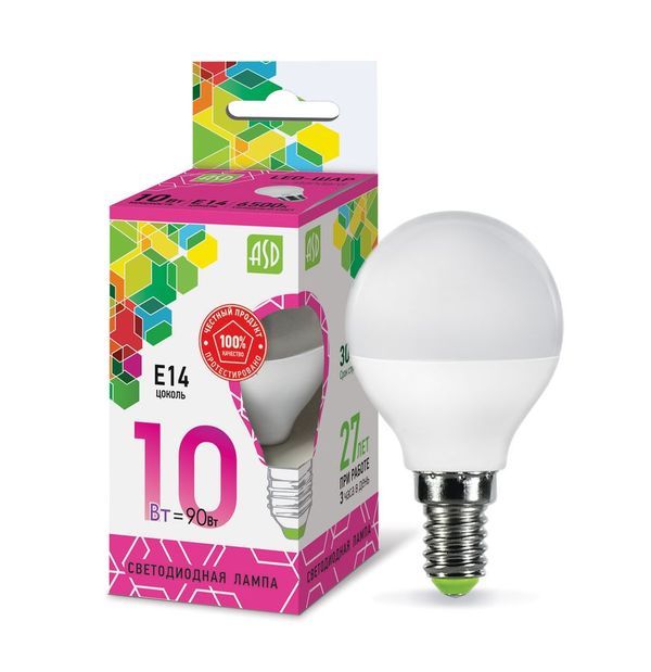 Лампа сд LED-ШАР-std 10Вт 230В Е14 6500К 900Лм ASD
