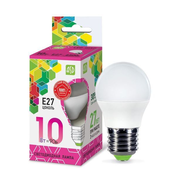 Лампа сд LED-ШАР-std 10Вт 230В Е27 6500К 900Лм ASD