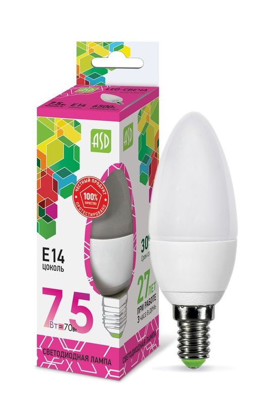 Лампа сд LED-СВЕЧА-std 7.5Вт 230В Е14 6500К 675Лм ASD