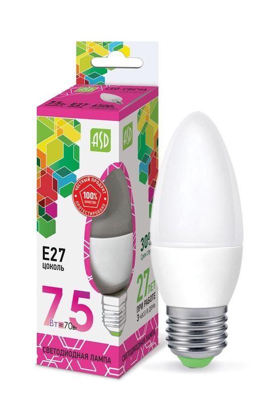 Лампа сд LED-СВЕЧА-std 7.5Вт 230В Е27 6500К 675Лм ASD