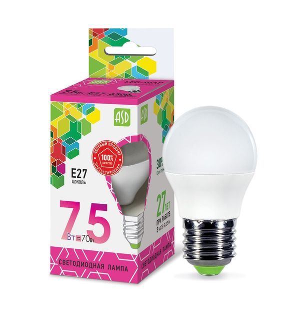 Лампа сд LED-ШАР-std 7.5Вт 230В Е27 6500К 675Лм ASD