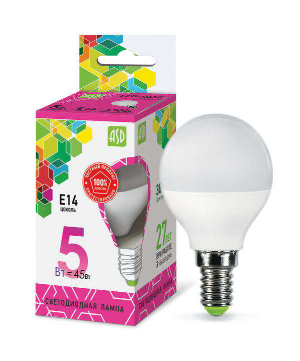 Лампа сд LED-ШАР-std 5Вт 230В Е14 6500К 450Лм ASD