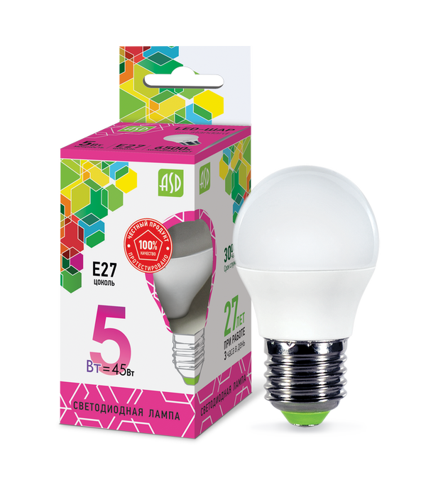 Лампа сд LED-ШАР-std 5Вт 230В Е27 6500К 450Лм ASD