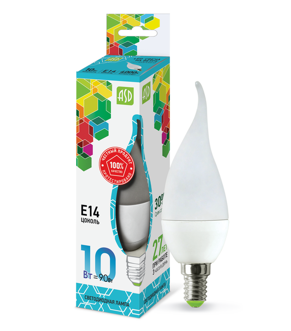 Лампа сд LED-СВЕЧА НА ВЕТРУ-std 10Вт 230В Е14 4000К 900Лм ASD
