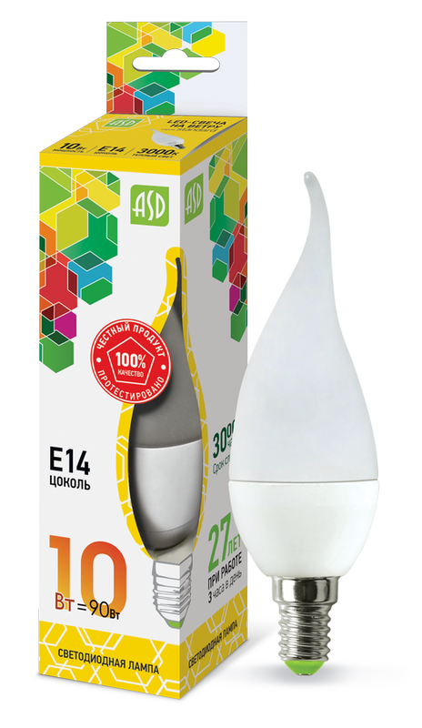 Лампа сд LED-СВЕЧА НА ВЕТРУ-std 10Вт 230В Е14 3000К 900Лм ASD