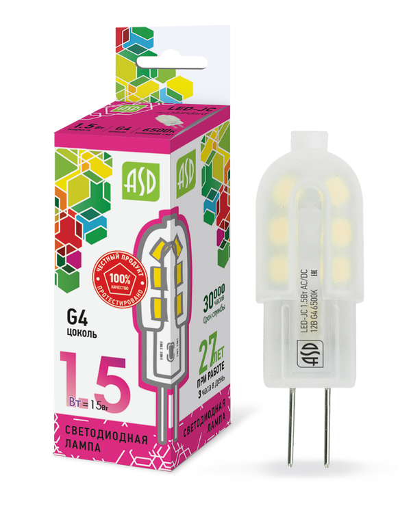 Лампа сд LED-JC-std 1.5Вт 12В G4 6500К 135Лм ASD