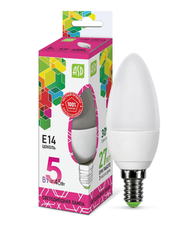 Лампа сд LED-СВЕЧА-std 5Вт 230В Е14 6500К 450Лм ASD
