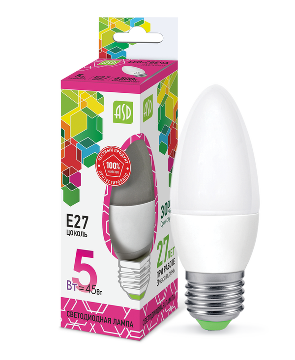 Лампа сд LED-СВЕЧА-std 5Вт 230В Е27 6500К 450Лм ASD