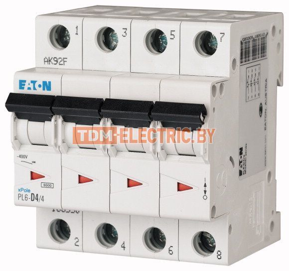 PL6-C4/4 — Автоматический выключатель 4А, кривая отключения C, 4 полюс, откл. способность 6 кА