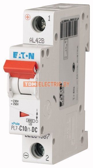 PL7-C10/1-DC — Автоматический выключатель для защиты цепей пост. тока 10А, кривая отключения C, 1 полюс, откл. способность 10 кА
