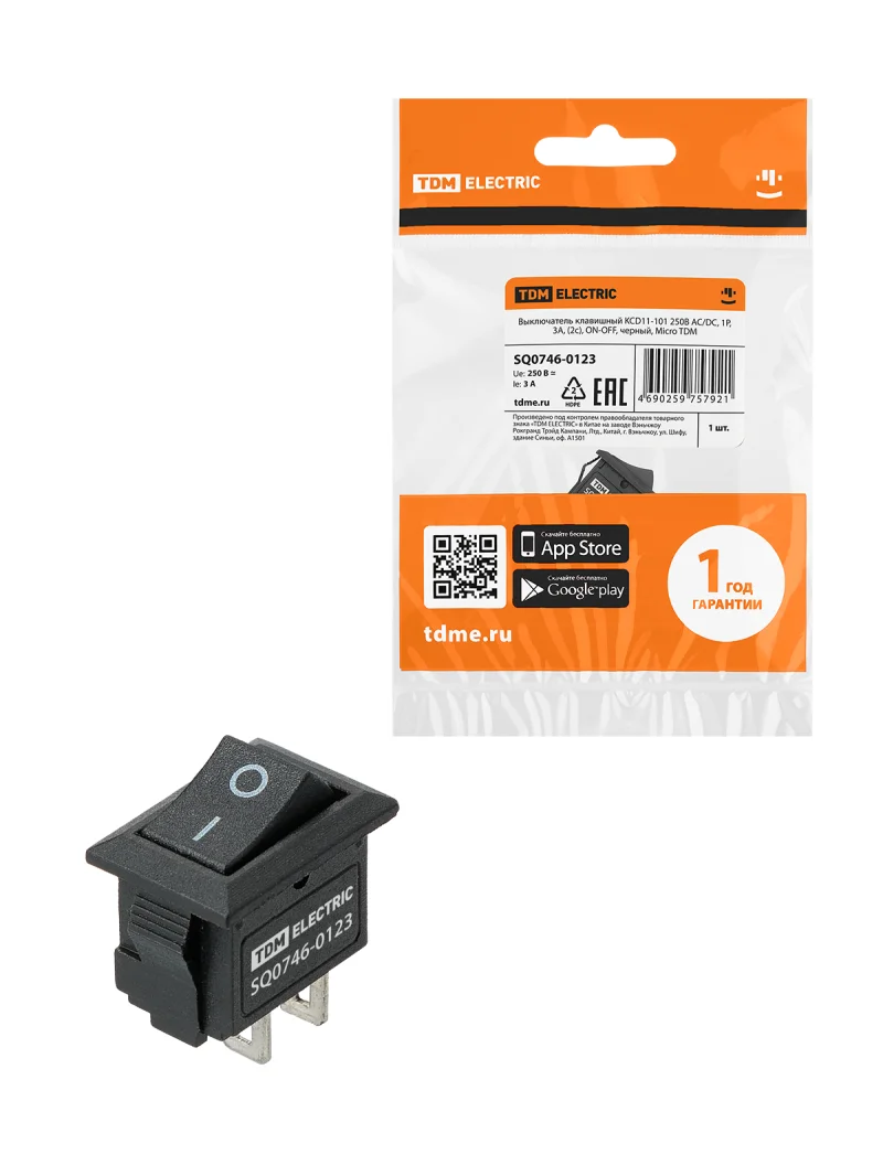 Выключатель клавишный KCD11-101 250В AC/DC, 1P, 3А, (2с), ON-OFF, черный, Micro TDM