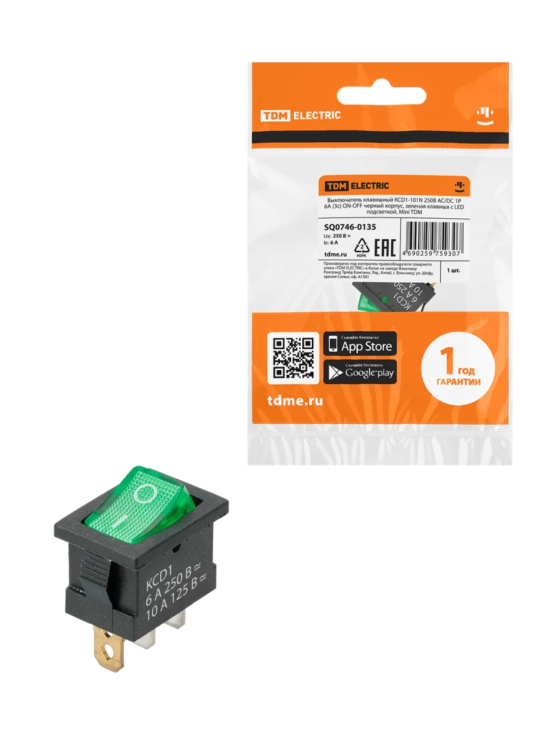 Выключатель клавишный KCD1-101N 250В AC/DC 1P 6А (3с) ON-OFF черный корпус, зеленая клавиша с LED подсветкой, Mini TDM