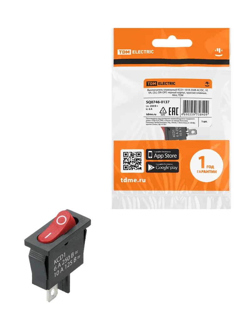 Выключатель клавишный KCD1-101B 250В AC/DC, 1P, 6А, (2с), ON-OFF, черный корпус, красная клавиша, Mini, TDM