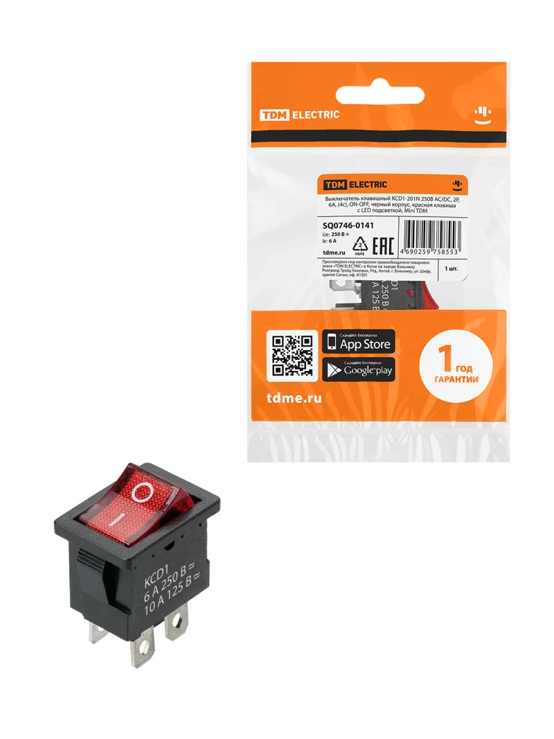 Выключатель клавишный KCD1-201N 250В AC/DC, 2P, 6А, (4с), ON-OFF, черный корпус, красная клавиша с LED подсветкой, Mini TDM