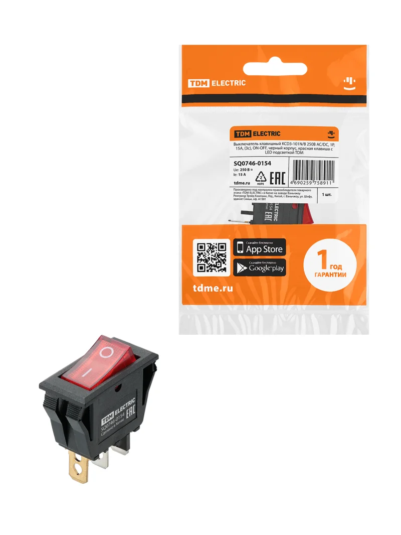 Выключатель клавишный KCD3-101N/B 250В AC/DC, 1P, 15А, (3с), ON-OFF, черный корпус, красная клавиша с LED подсветкой TDM