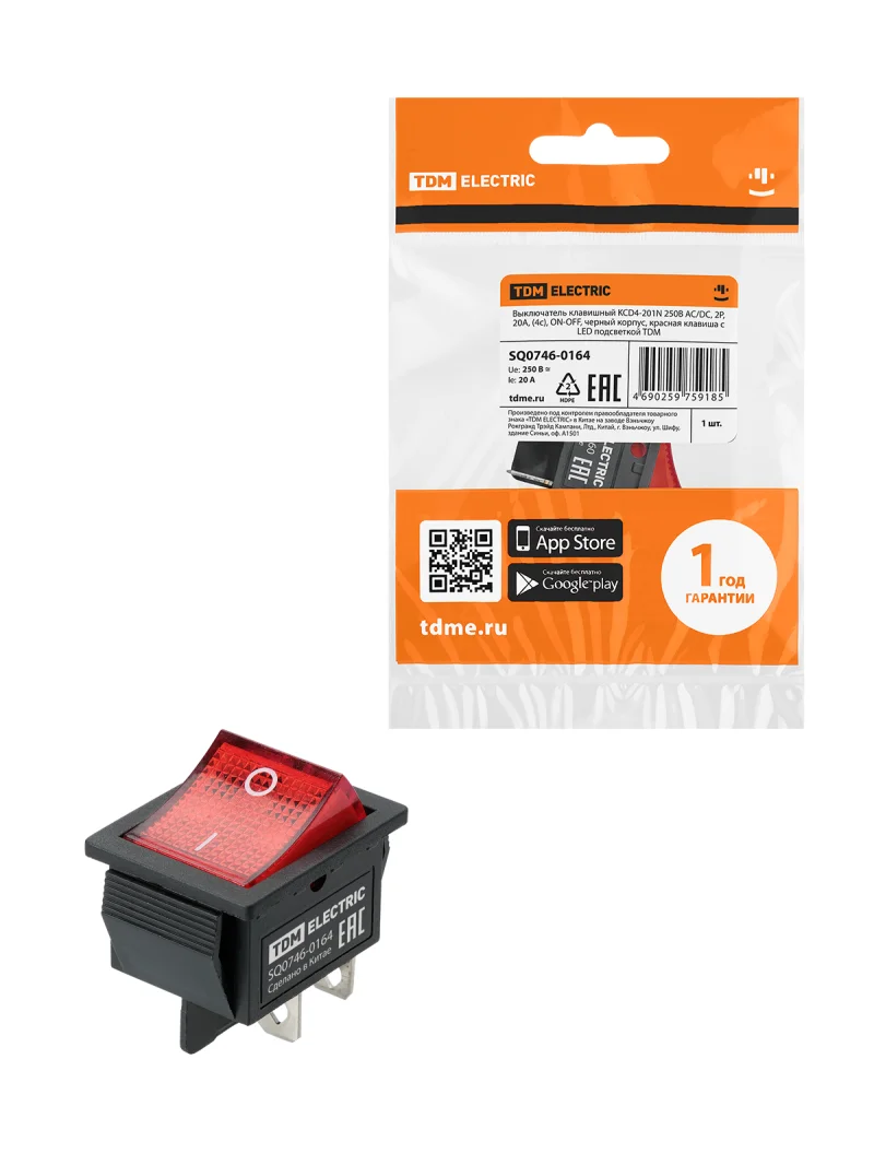 Выключатель клавишный KCD4-201N 250В AC/DC, 2P, 20А, (4с), ON-OFF, черный корпус, красная клавиша с LED подсветкой TDM