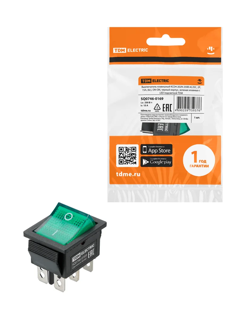 Выключатель клавишный KCD4-202N 250В AC/DC, 2P, 15А, (6с), ON-ON, черный корпус, зеленая клавиша с LED подсветкой TDM