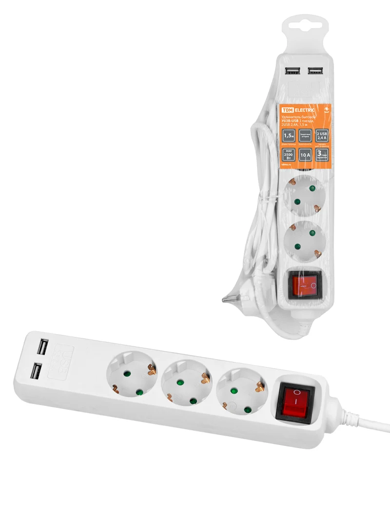 Удлинитель бытовой У03В-USB 3 гнезда, 2USB 2,4А, 1,5 м, вык., з/к, ПВС 3х0,75мм2 10А/250В белый TDM