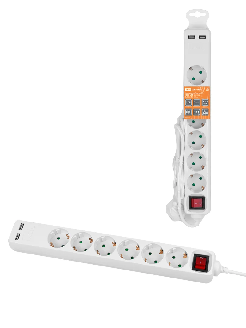Удлинитель бытовой У06В-USB 6 гнезд, 2USB 2,4А, 1,5 м, вык., з/к, ПВС 3х0,75мм2 10А/250В белый TDM