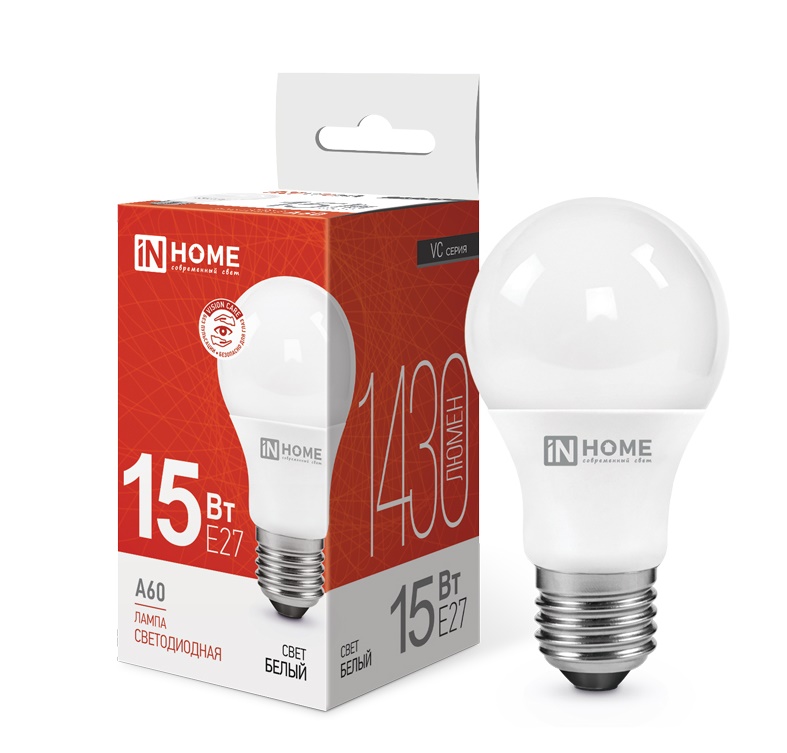 Лампа сд LED-A60-VC 15Вт 230В Е27 4000К 1350Лм IN HOME