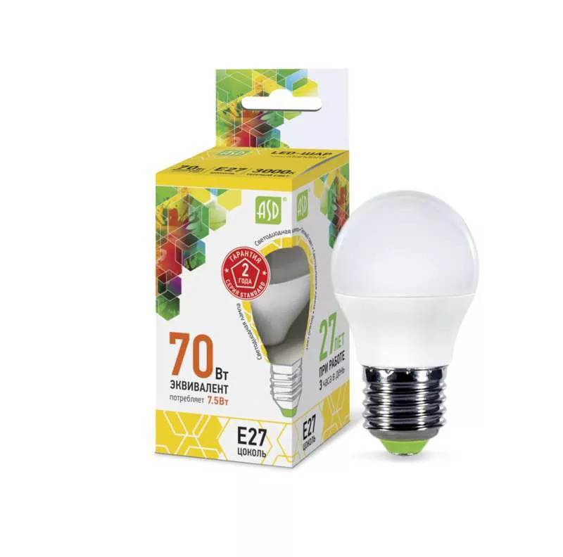 Лампа сд LED-ШАР-std 7.5Вт 230В Е27 3000К 675Лм ASD