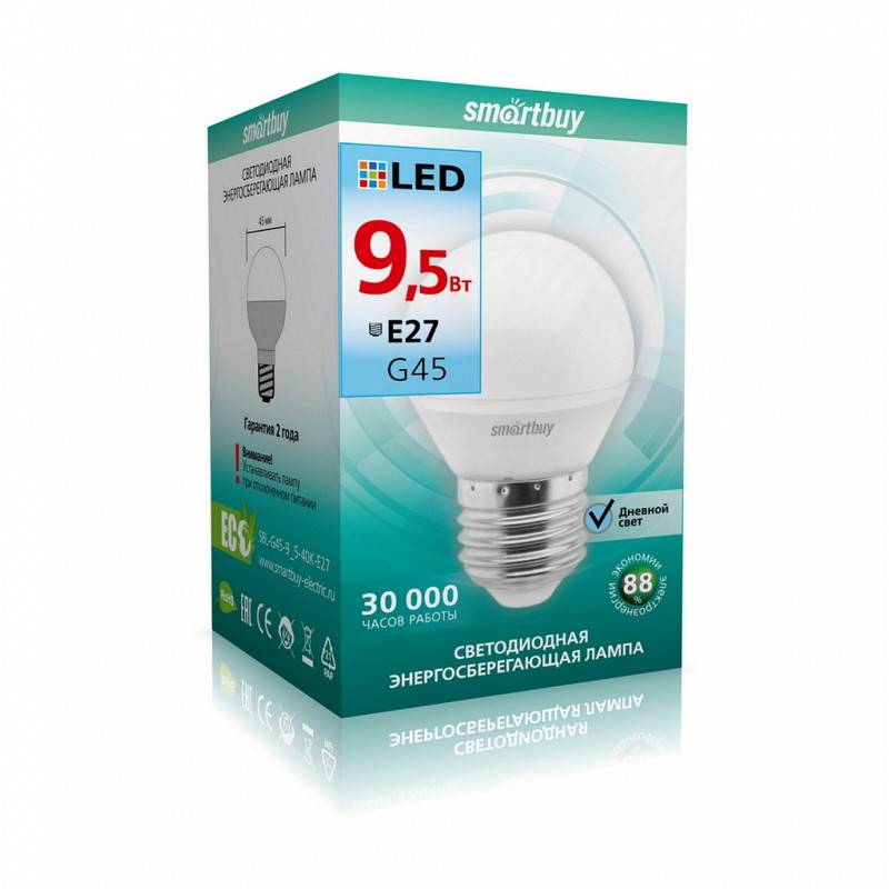 Светодиодная (LED) Лампа Smartbuy-G45-9.5W/4000/E27 SBL-G45-9,5-40K-E27-4690626052680