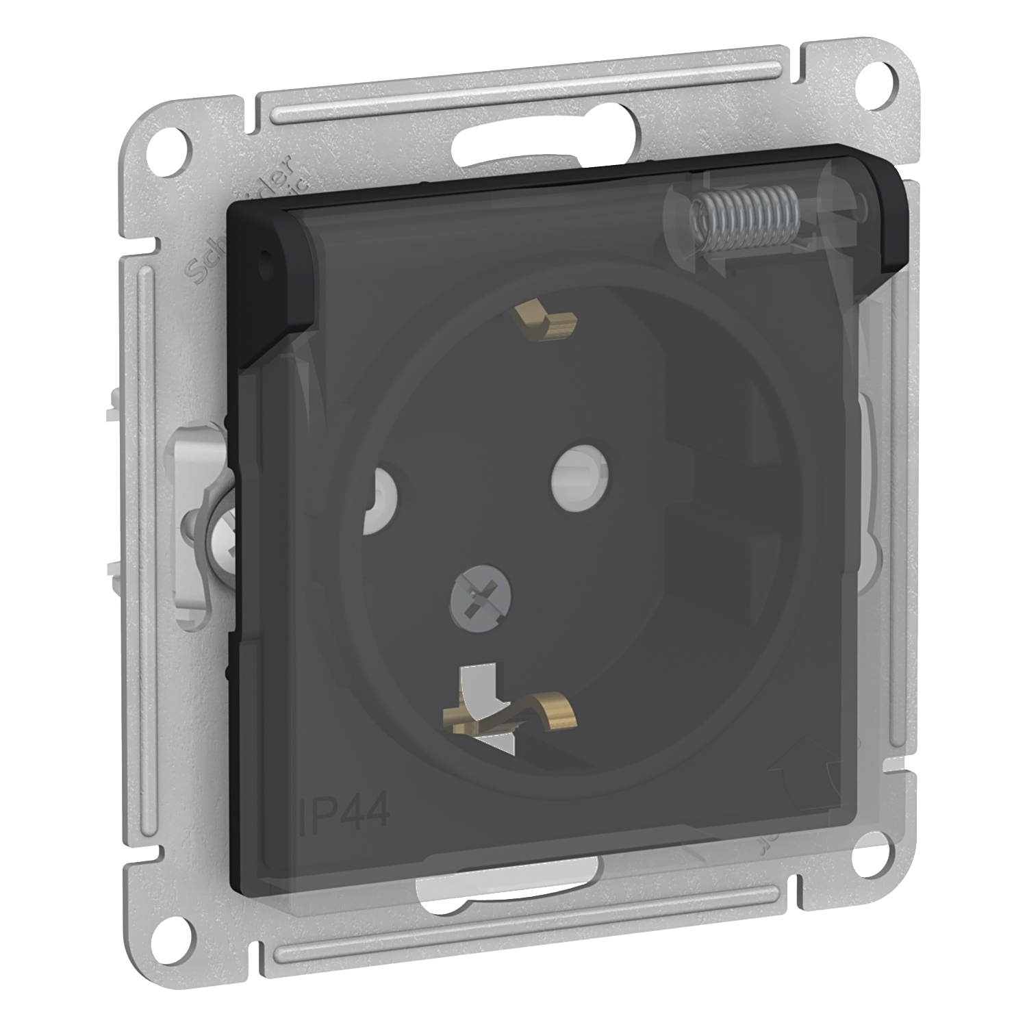 Розетка 1-м СП AtlasDesign Aqua 16А IP44 с заземл. защ. шторки с прозр. крышкой механизм карбон SE-ATN441046