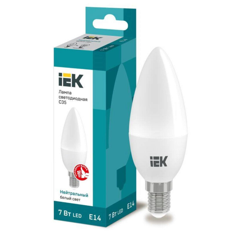 Лампа светодиодная Eco 7Вт C35 свеча 4000К нейтр. бел. E14 230В IEK