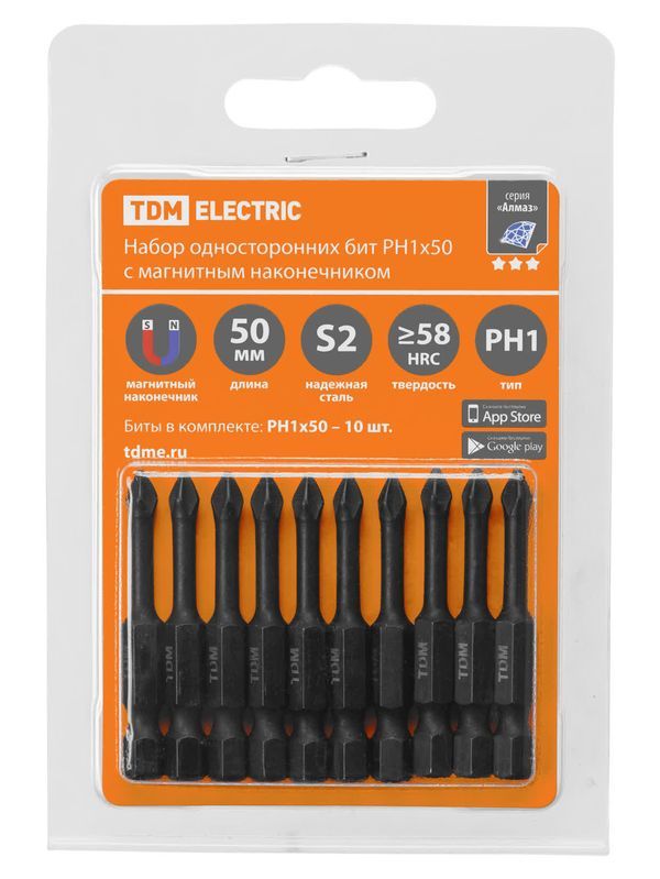 Набор бит PH1x50, односторонних, сталь S2, Е 1/4″, намагниченные, торсионные, 10 шт., «Алмаз» TDM