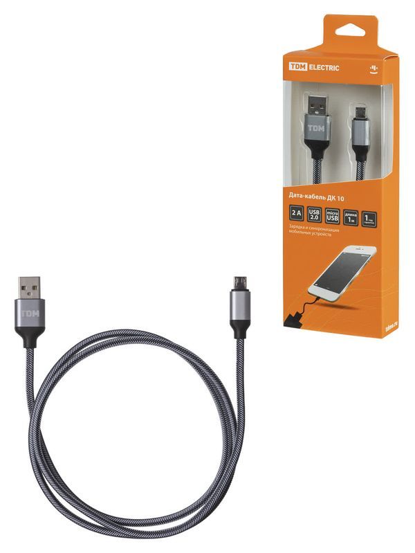 Дата-кабель, ДК 10, USB — micro USB, 1 м, тканевая оплетка, серый, TDM — изображение 4