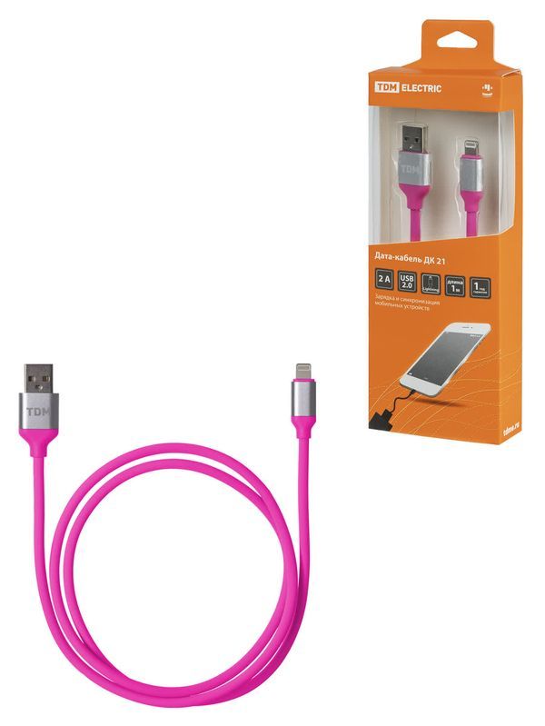 Дата-кабель, ДК 21, USB — Lightning, 1 м, силиконовая оплетка, розовый, TDM