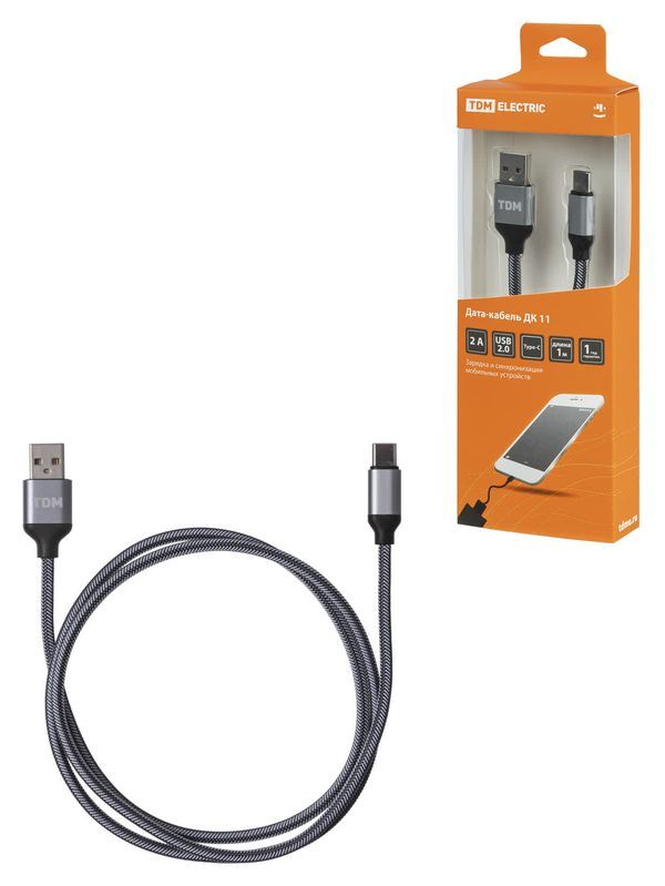 Дата-кабель, ДК 11, USB — USB Type-C, 1 м, тканевая оплетка, серый, TDM