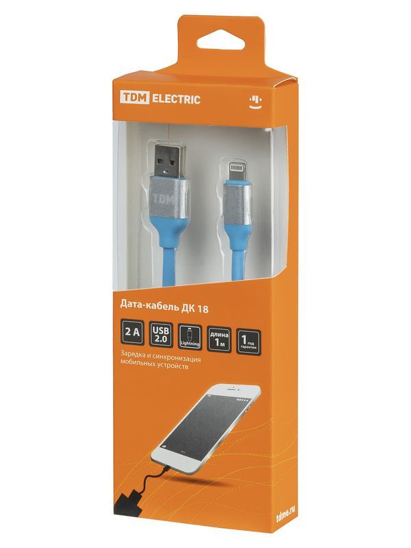 Дата-кабель, ДК 18, USB — Lightning, 1 м, силиконовая оплетка, голубой, TDM