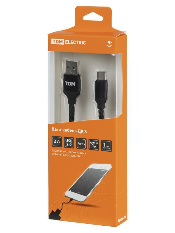 Дата-кабель, ДК 8, USB — USB Type-C, 1 м, тканевая оплетка, черный, TDM