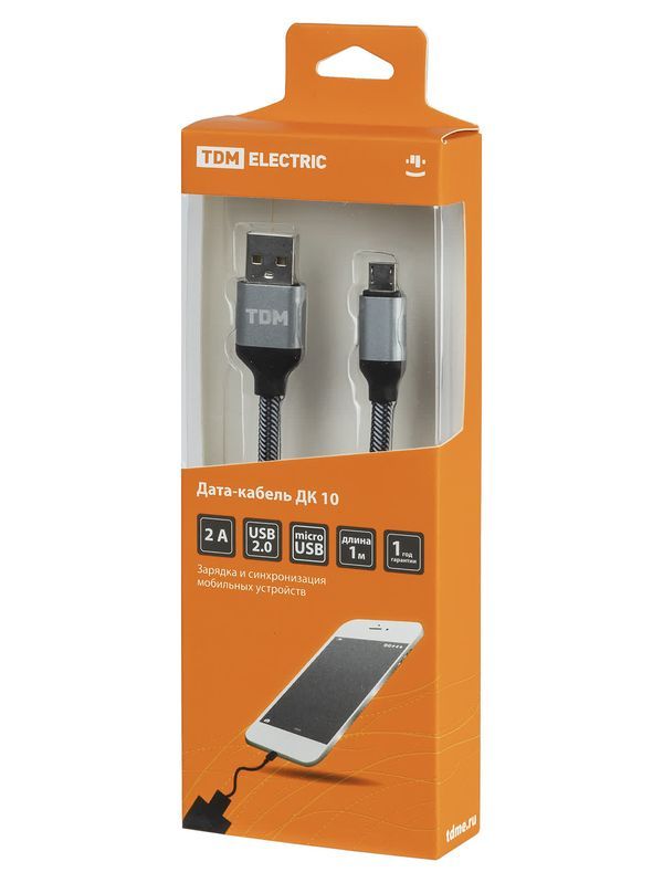 Дата-кабель, ДК 10, USB — micro USB, 1 м, тканевая оплетка, серый, TDM — изображение 2