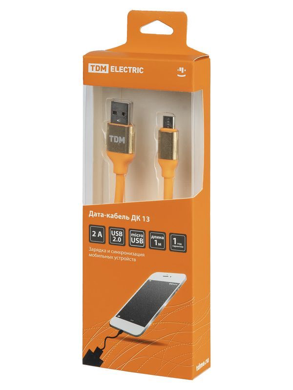 Дата-кабель, ДК 13, USB — micro USB, 1 м, силиконовая оплетка, оранжевый, TDM
